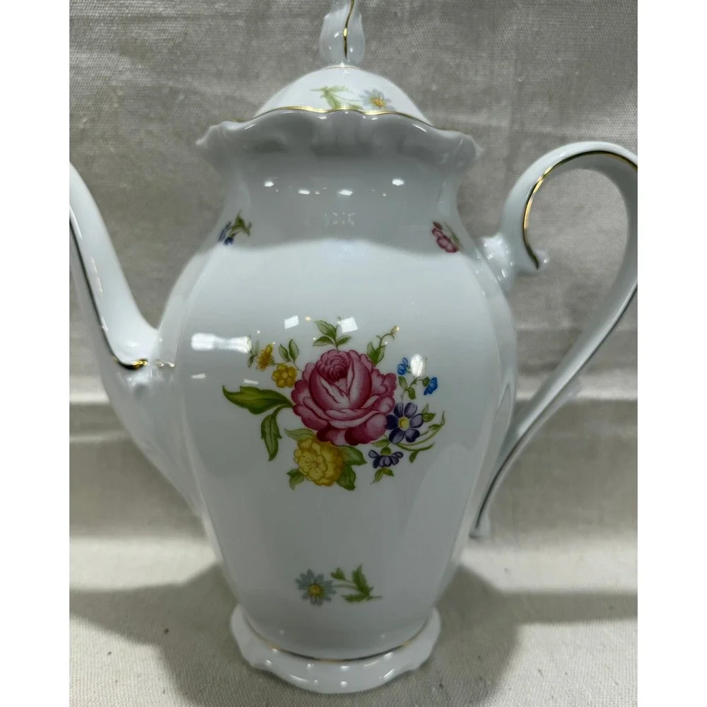 Schumann Arzberg Bavaria Germany Porcelain Coffee Pot Floral Rose Gold Trim 11in